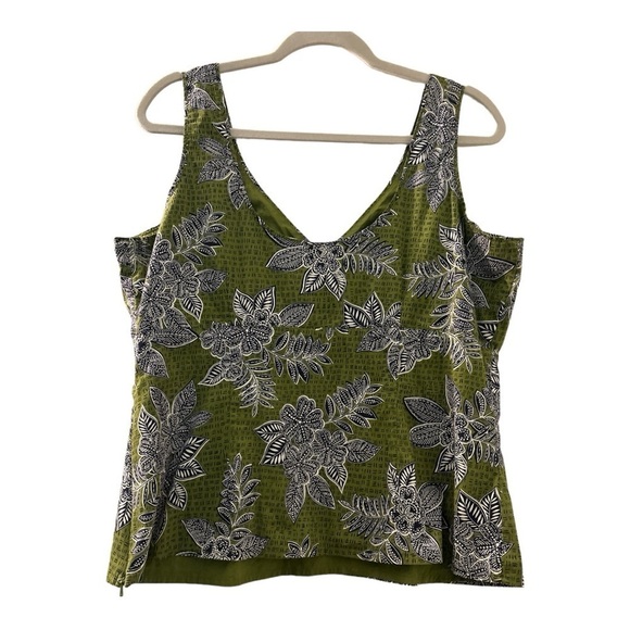 TALBOTS top, Large, sleeveless, short length Green and black floral. Fully Lined - Picture 2 of 6